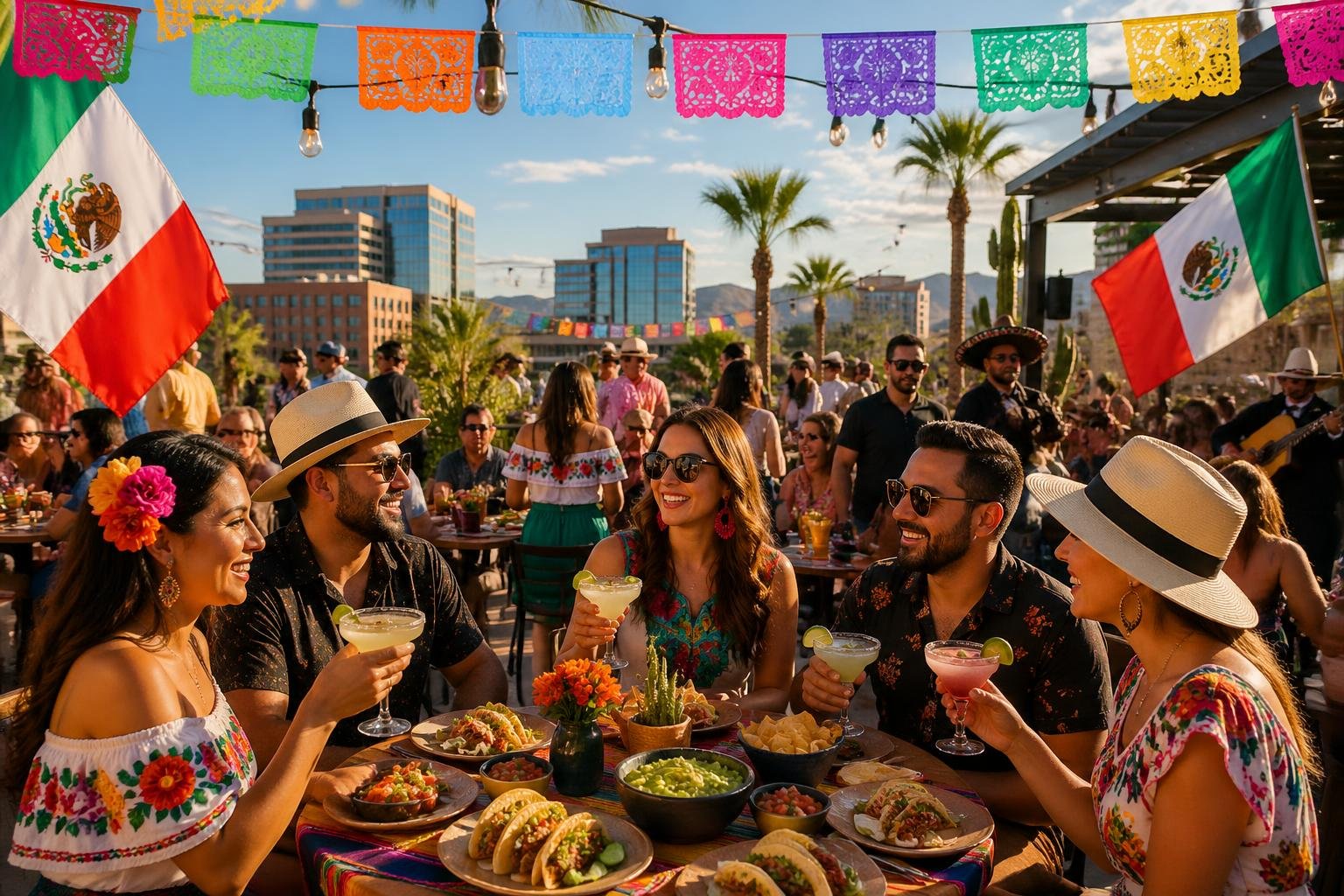 People enjoying an outdoor Cinco de Mayo party with Mexican food and decorations in a sunny Scottsdale setting.