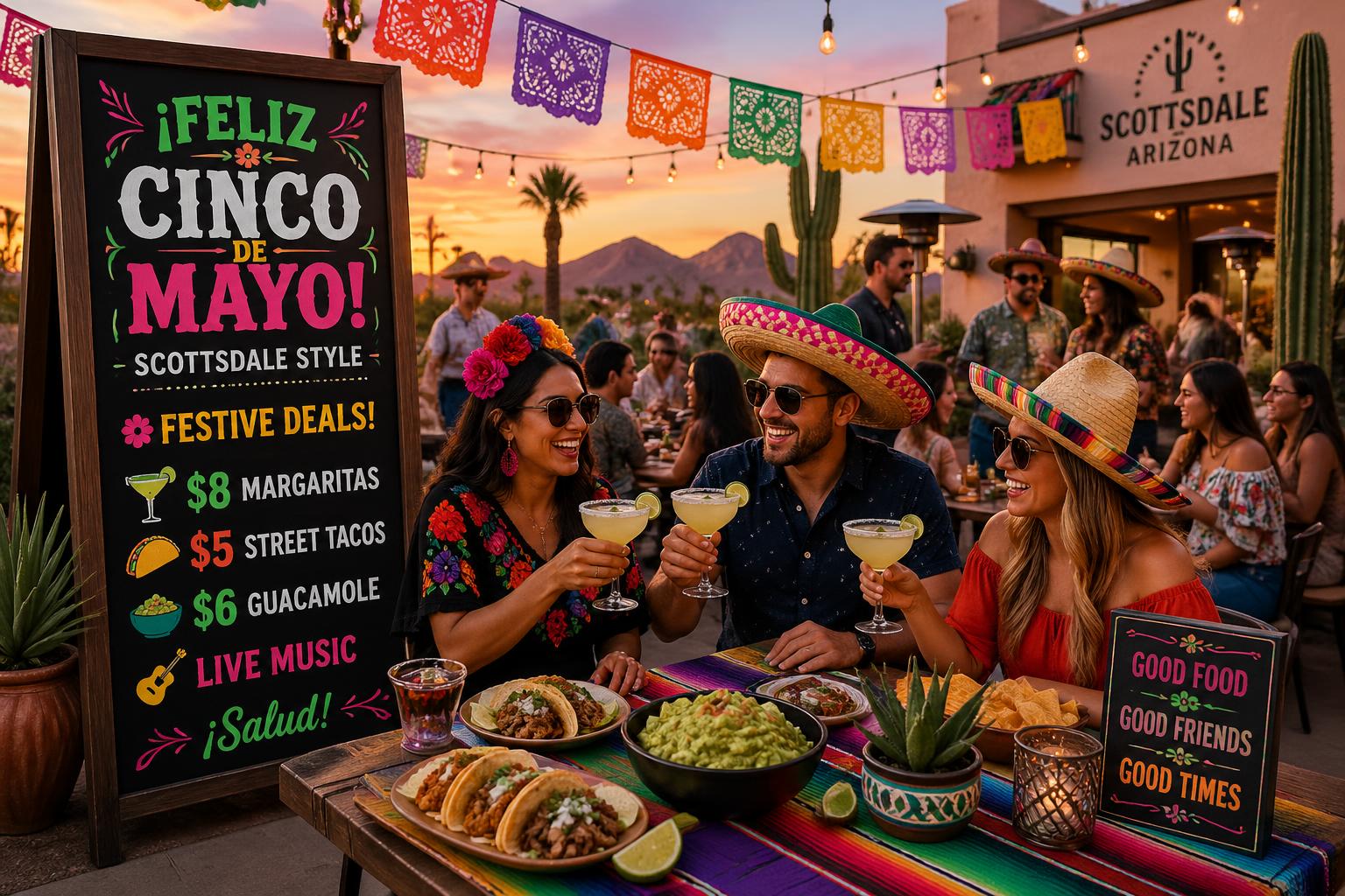 People enjoying a festive outdoor Cinco de Mayo party with Mexican food and decorations in a sunny desert setting.