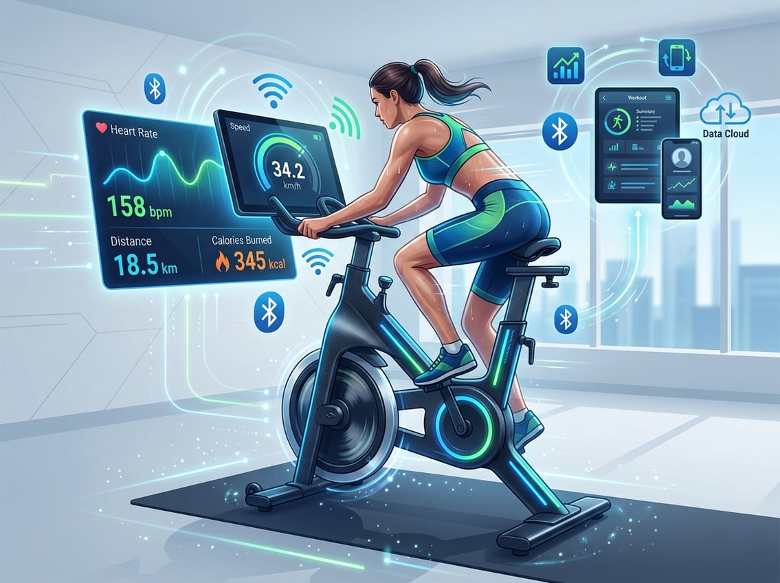 Modern spinningcykel med digital skärm, träningsdata och smart uppkoppling för hemmaträning.