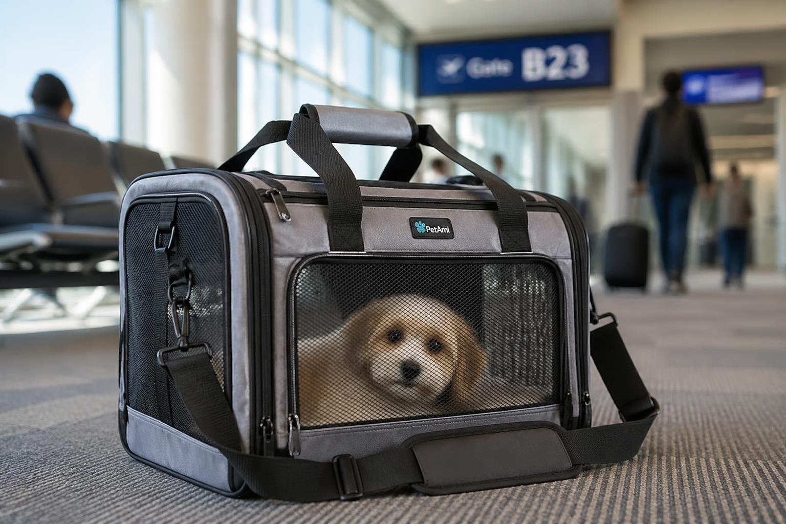 A small dog resting inside a modern pet carrier near an airport boarding gate.