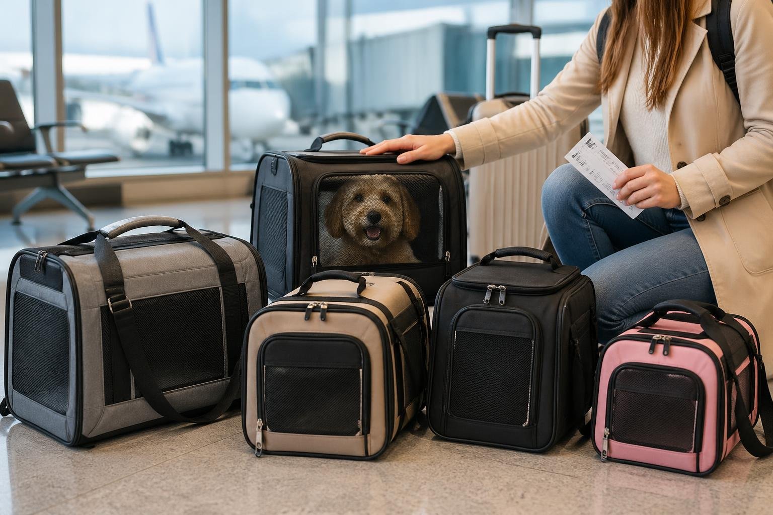 Various dog carriers for airplane travel with a dog inside one carrier and a traveler preparing for a flight in an airport setting.