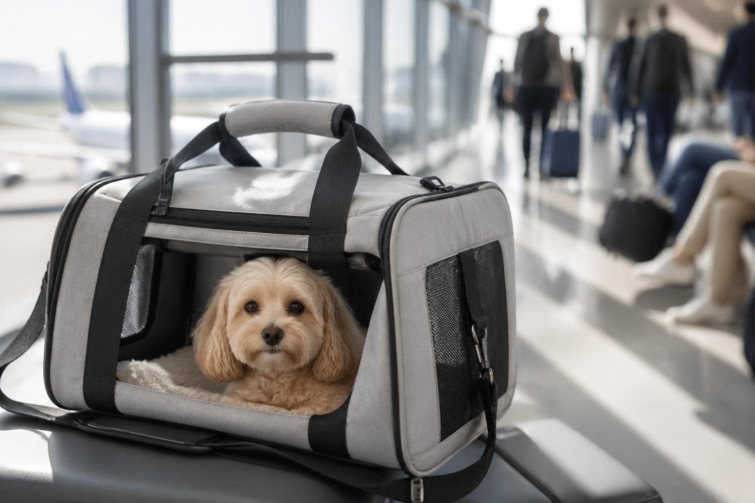 A small dog resting comfortably inside a modern dog carrier at an airport terminal with travelers and luggage in the background.
