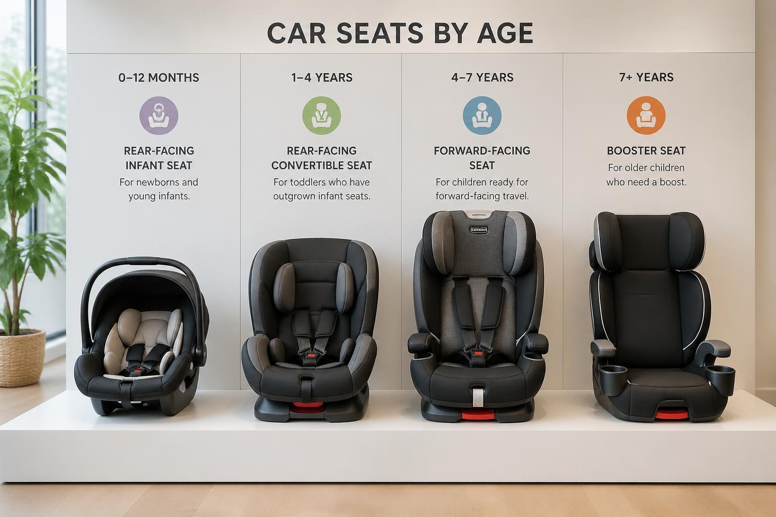 Varios sillas de coche para bebés organizadas por grupos de edad en un estante limpio y bien iluminado.