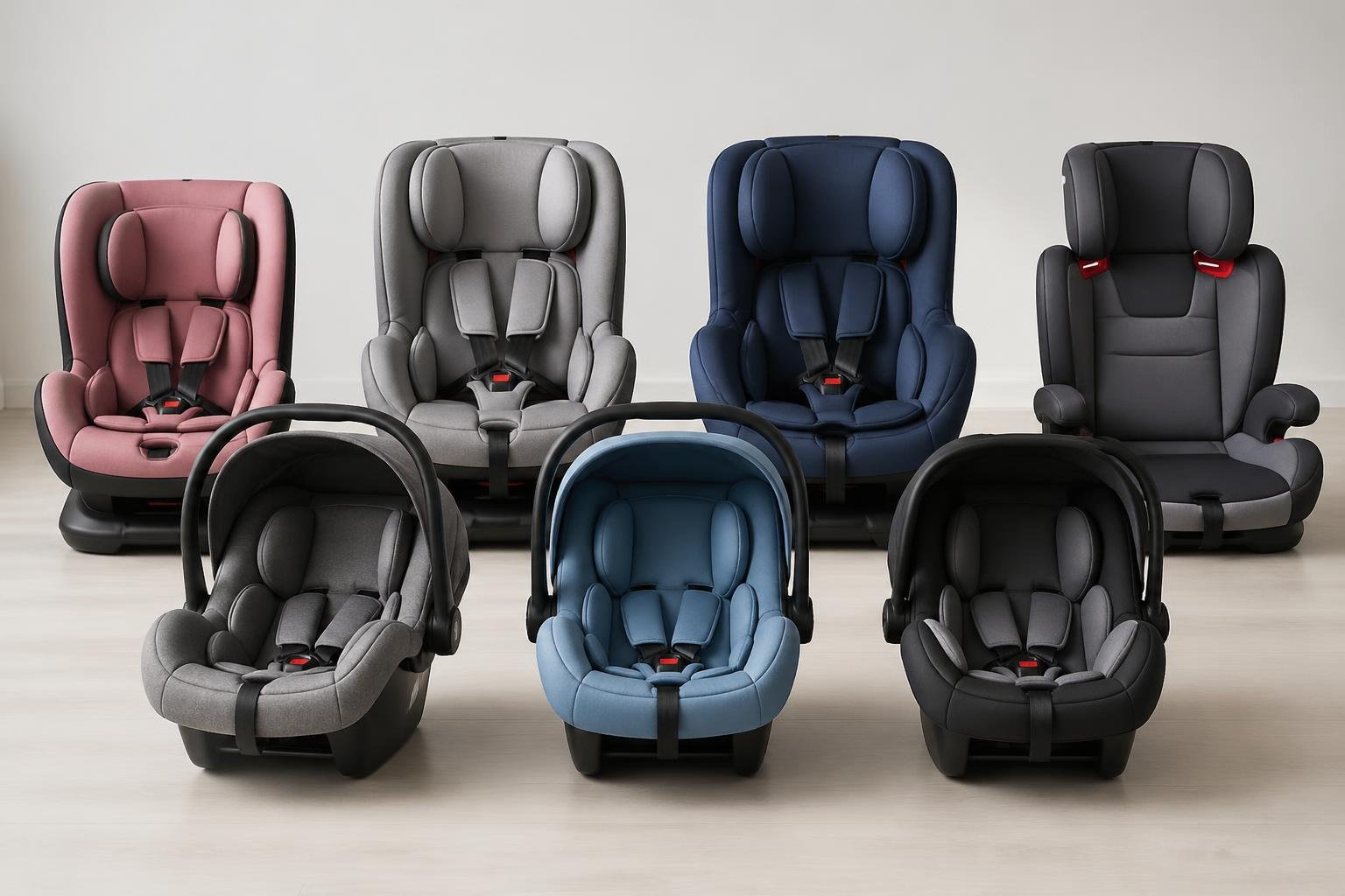 Variedad de sillas de coche para bebés de diferentes tamaños y estilos, organizadas para mostrar grupos de edad.