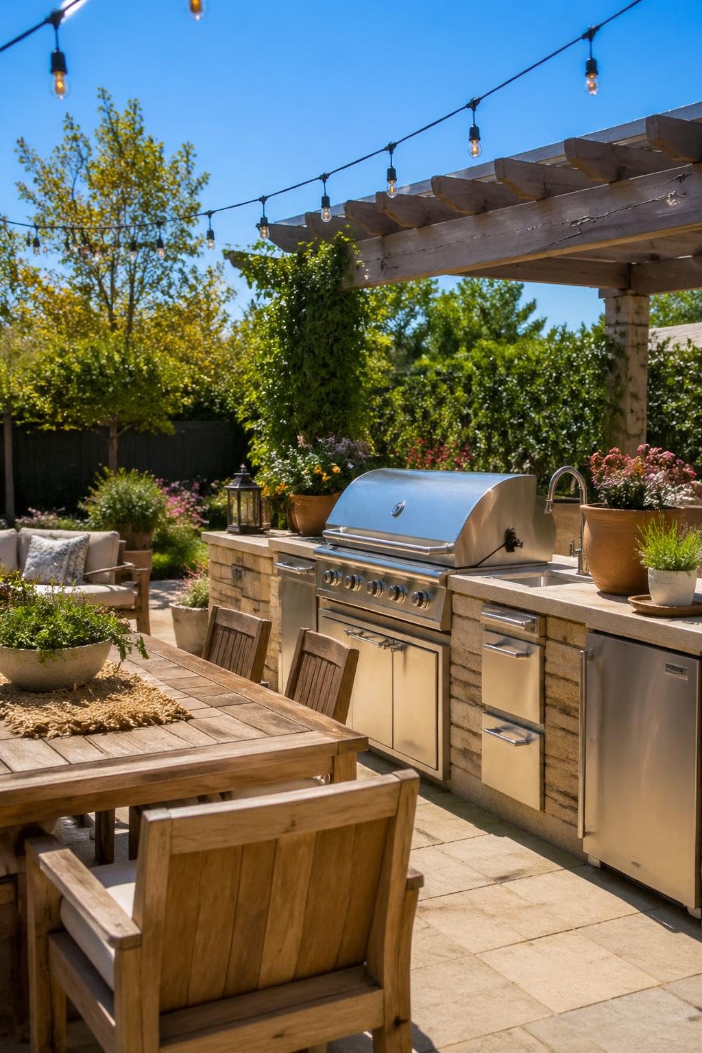 A backyard outdoor kitchen with a grill, sink, dining table, chairs, and plants under string lights on a sunny day.