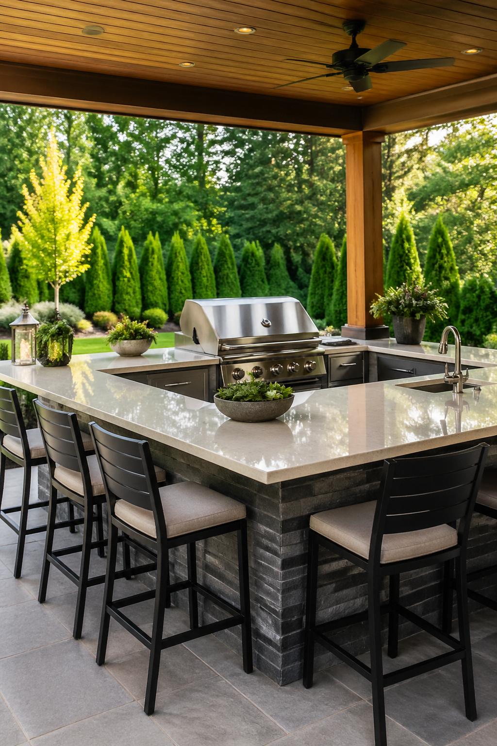 Covered outdoor grill island with quartz countertops and bar stools in a backyard kitchen setting.
