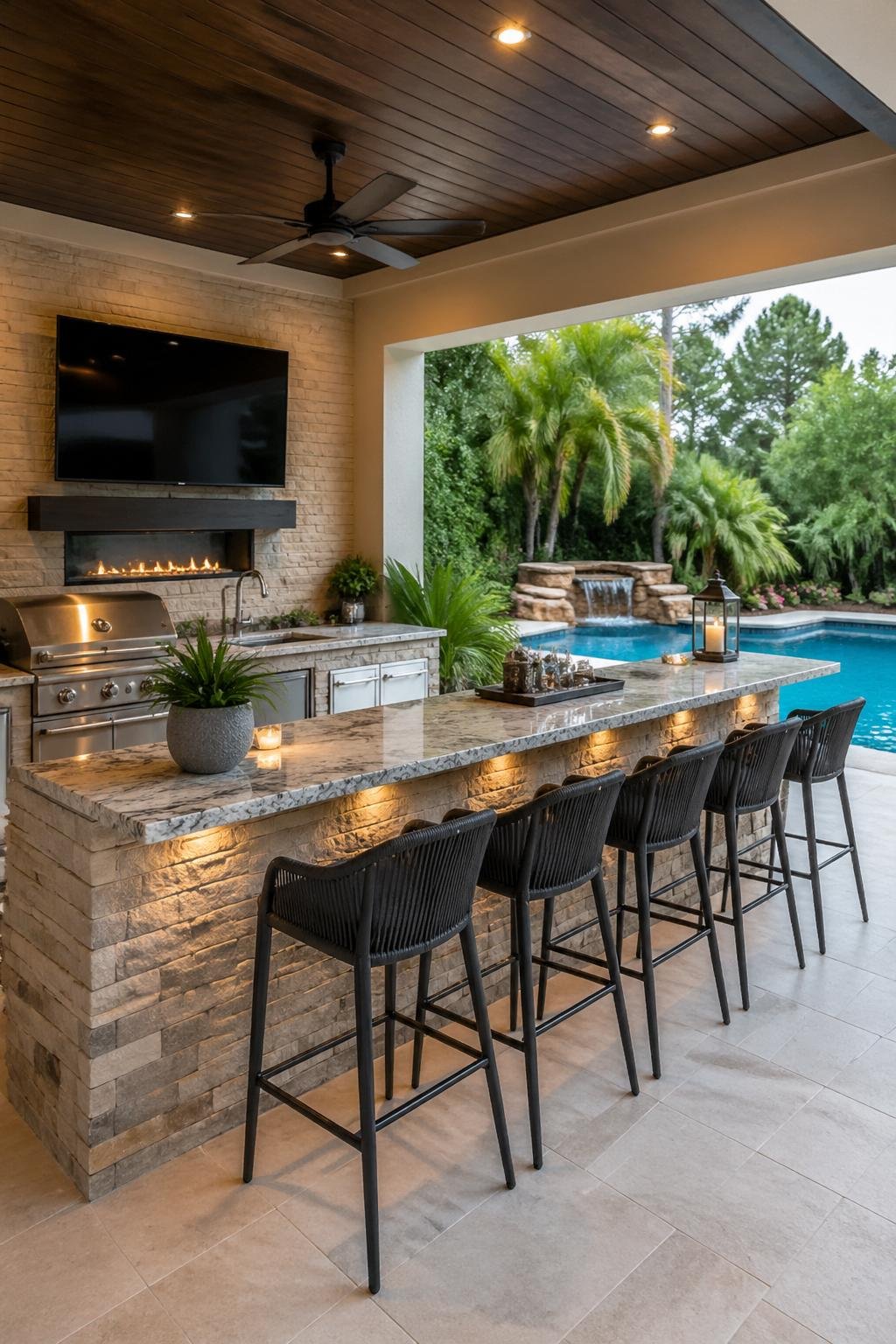 Outdoor poolside pavilion kitchen with a long bartop, stone base, and a mounted TV, surrounded by greenery and a swimming pool.