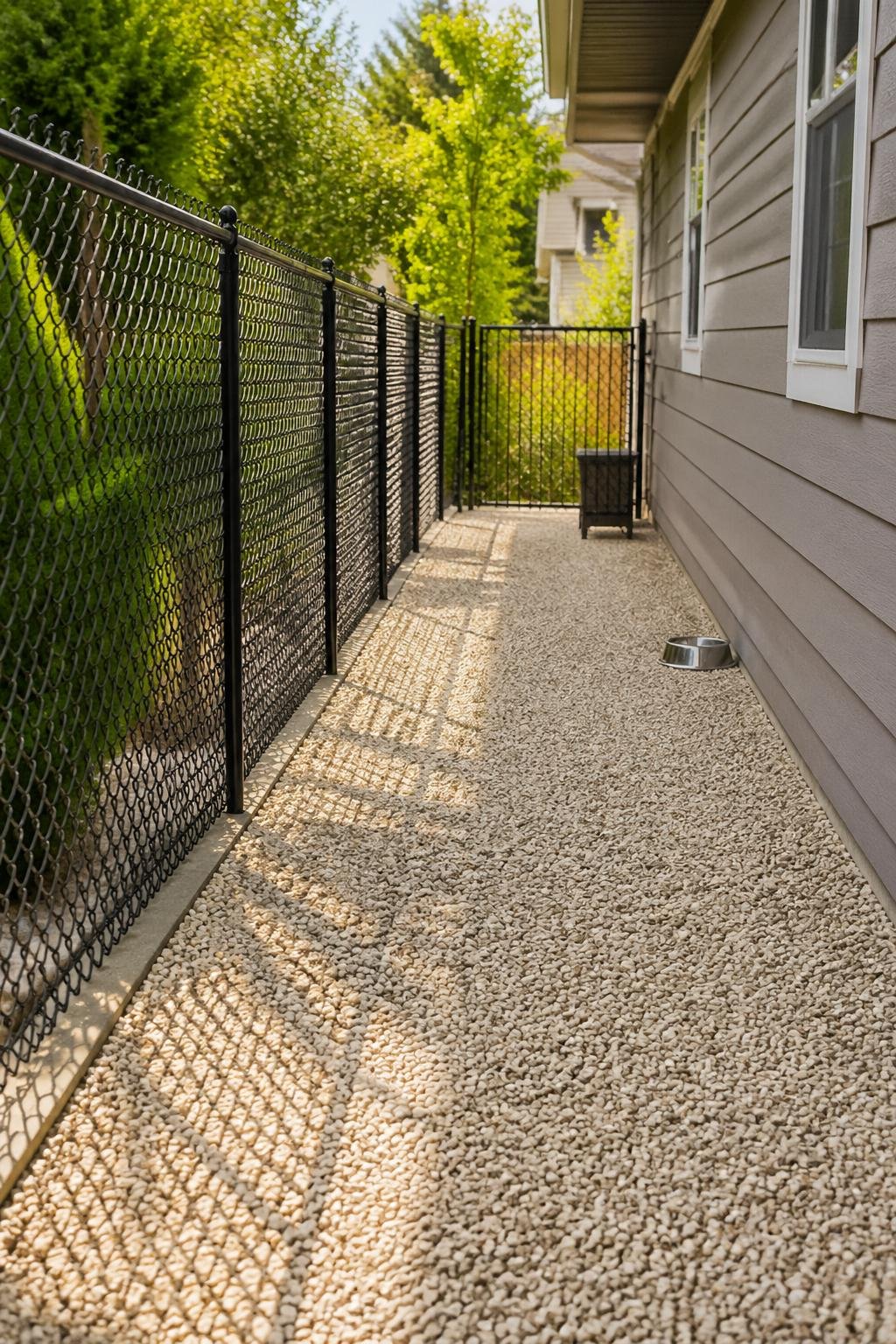 Side yard dog run with black chain link fence and pea gravel ground next to a house.