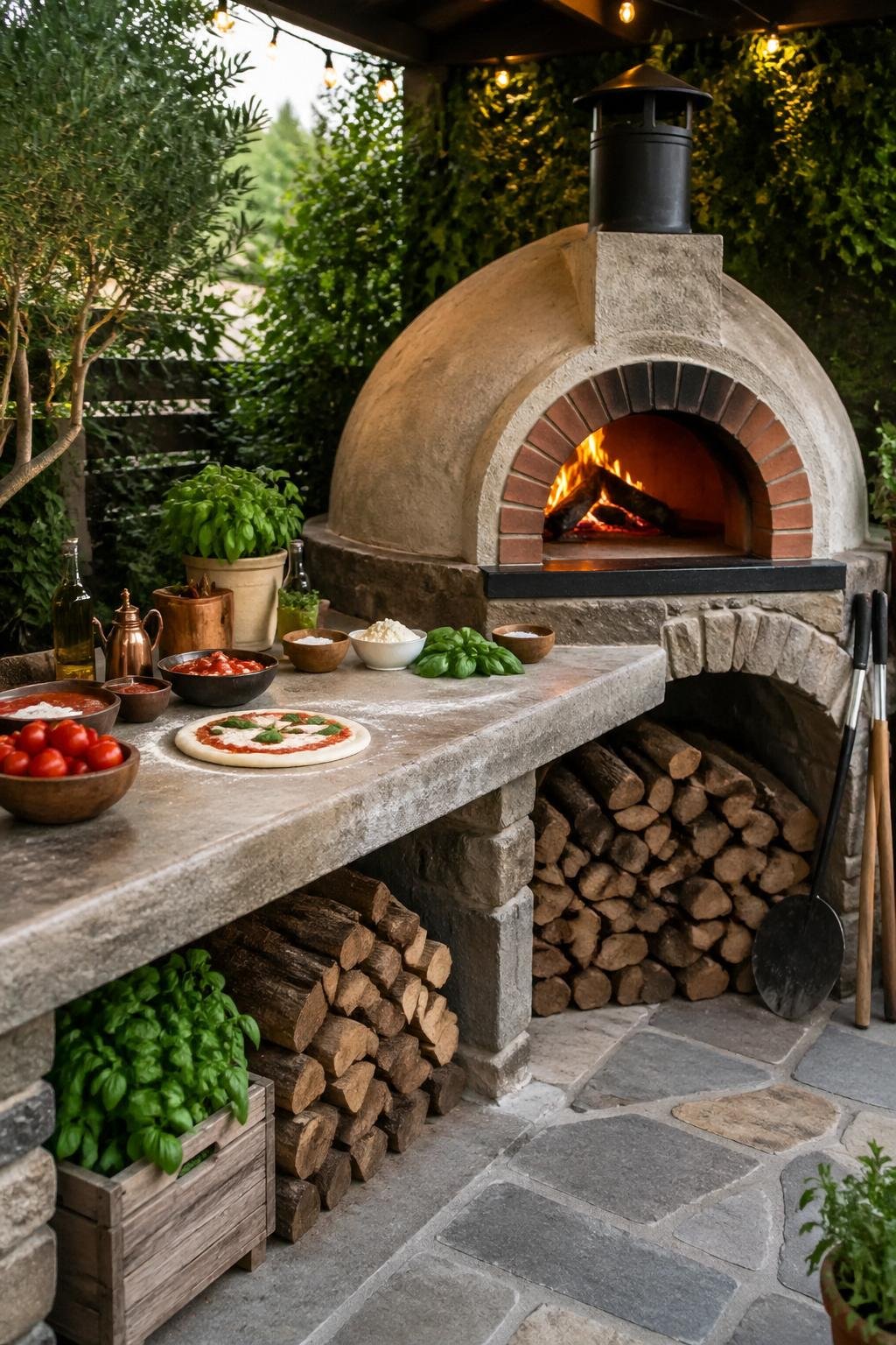 Outdoor built-in pizza oven with prep counter and wood storage in a backyard kitchen surrounded by greenery.