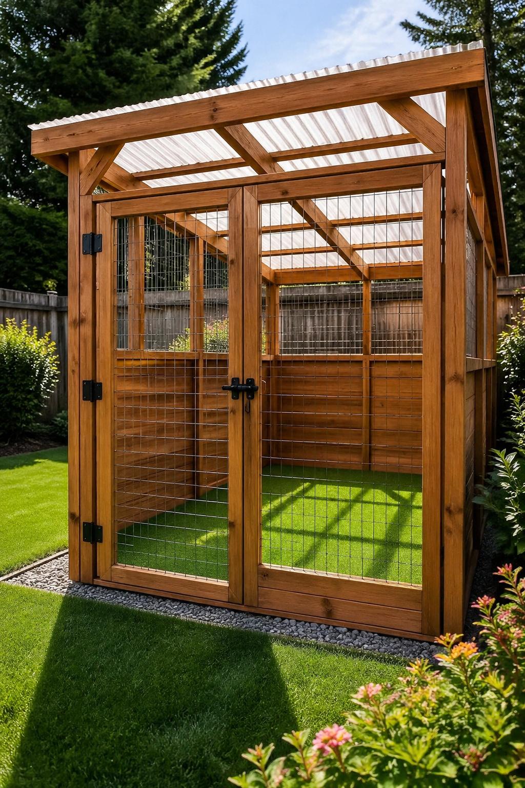 A covered cedar dog run with artificial turf and a locking gate in a backyard with grass and plants.