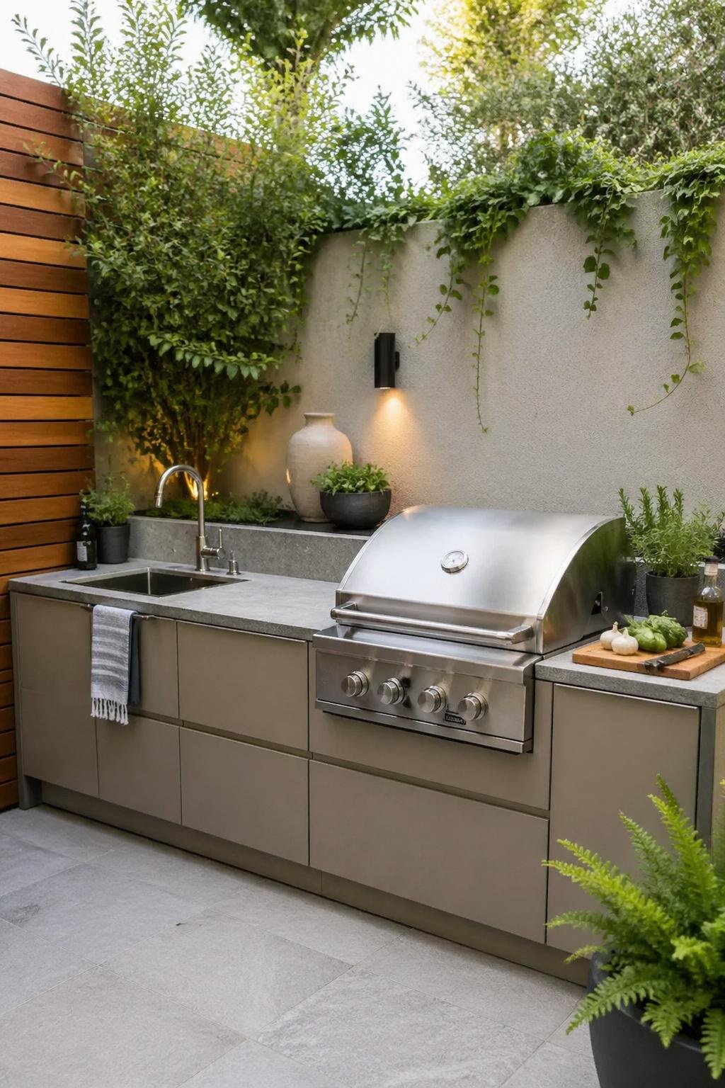 Compact outdoor courtyard kitchen with an integrated sink, built-in grill, and slim cabinets surrounded by greenery.
