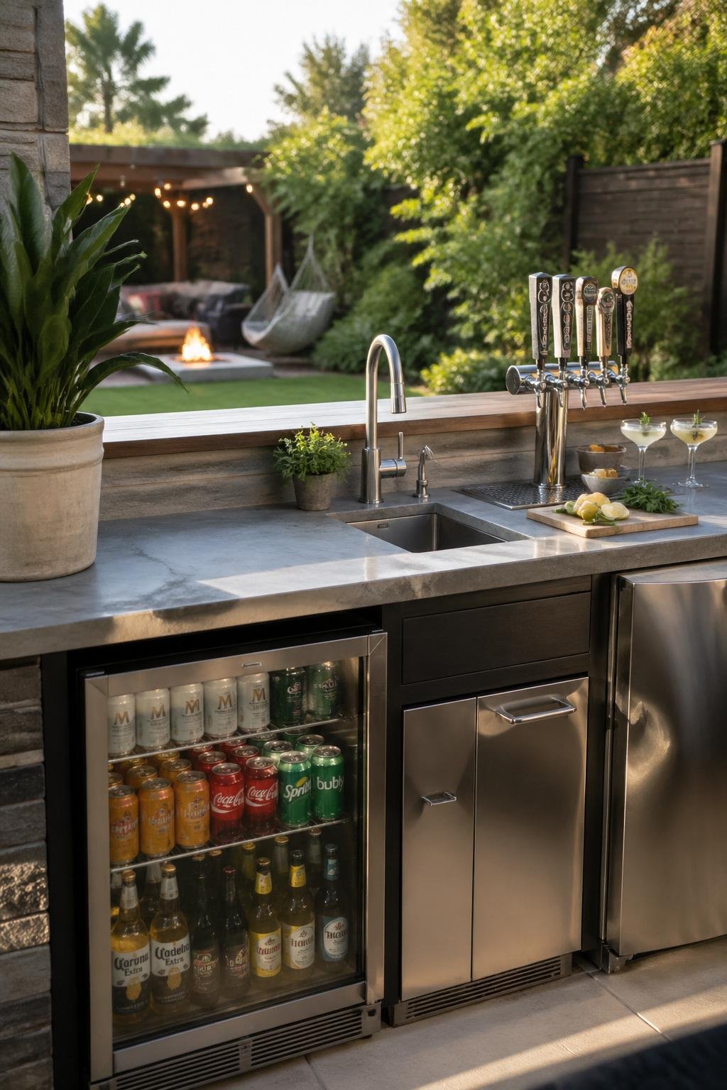 Outdoor cocktail bar in a backyard with a beverage fridge, sink, tap tower, and surrounding greenery.