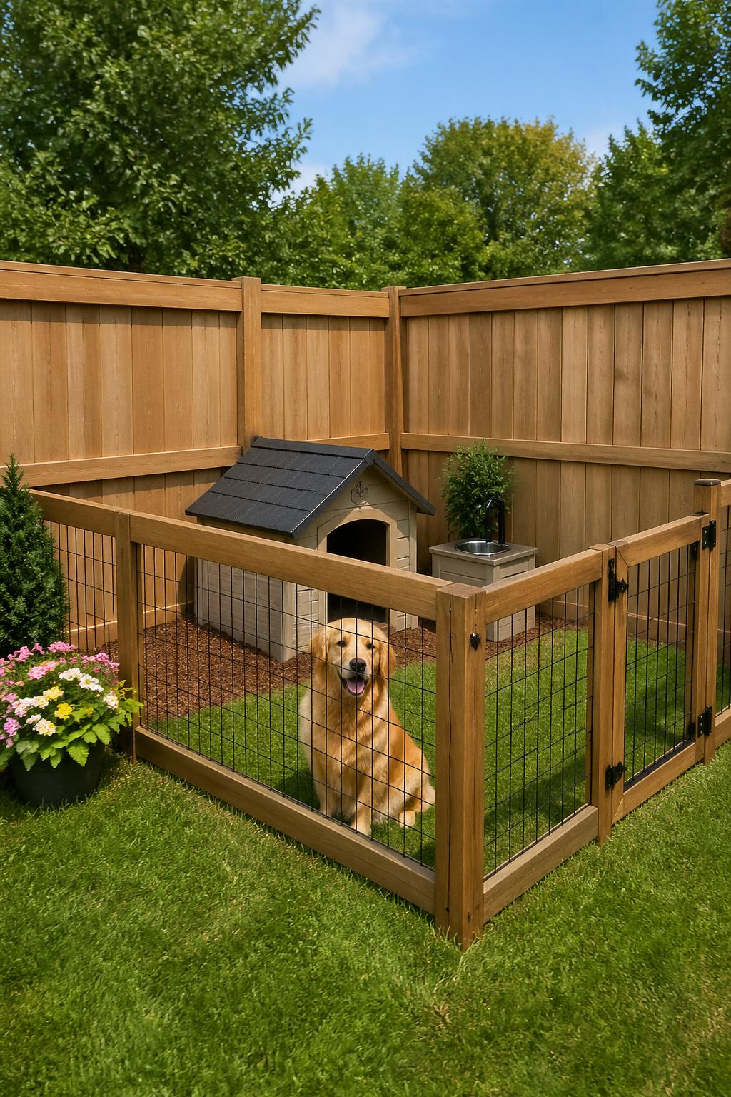 A backyard with a wooden privacy fence enclosing a dog run that includes a dog house and a water station.