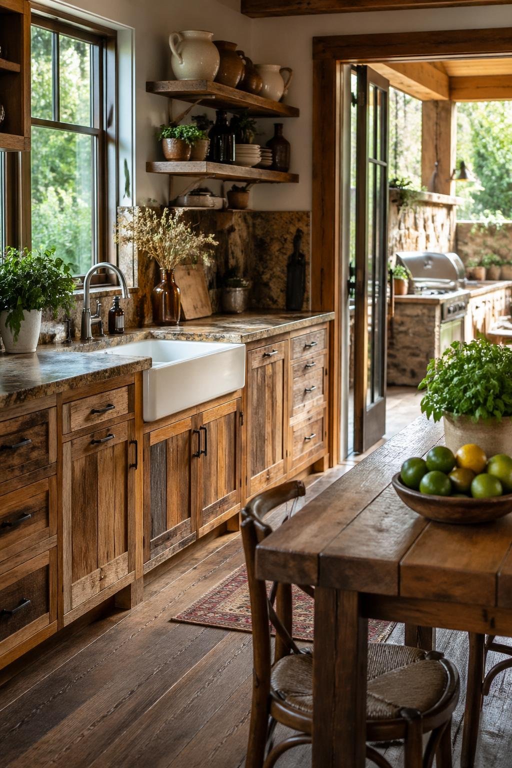 A bright kitchen with wooden cabinets, granite countertops, a farmhouse sink, and a wooden dining table, with a view of a backyard kitchen through a glass door.