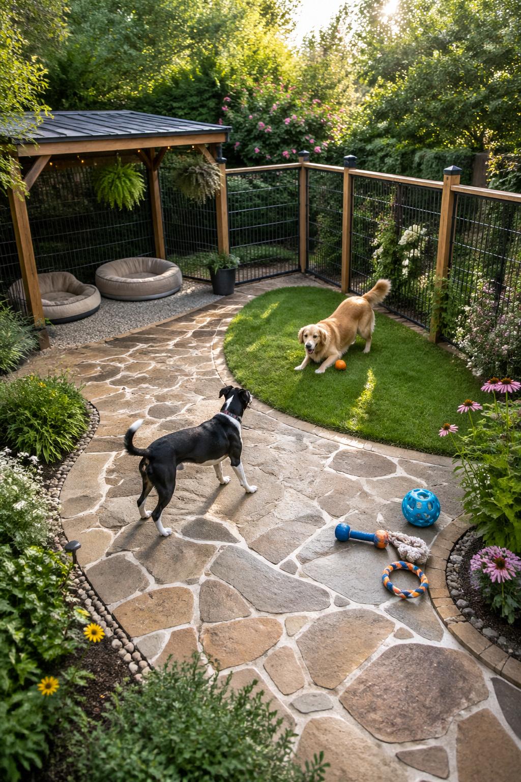 A backyard dog run in an L-shaped corner with flagstone pavers, fenced activity zones, dog beds, toys, and green plants.