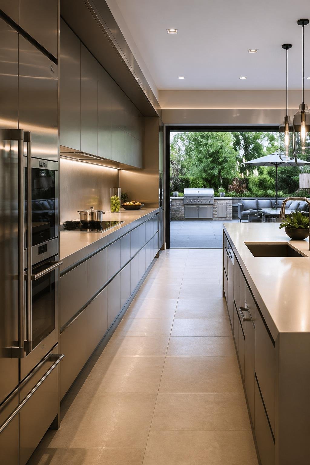 A modern kitchen with stainless steel appliances and a linear layout, overlooking a backyard with an outdoor grill and seating area.