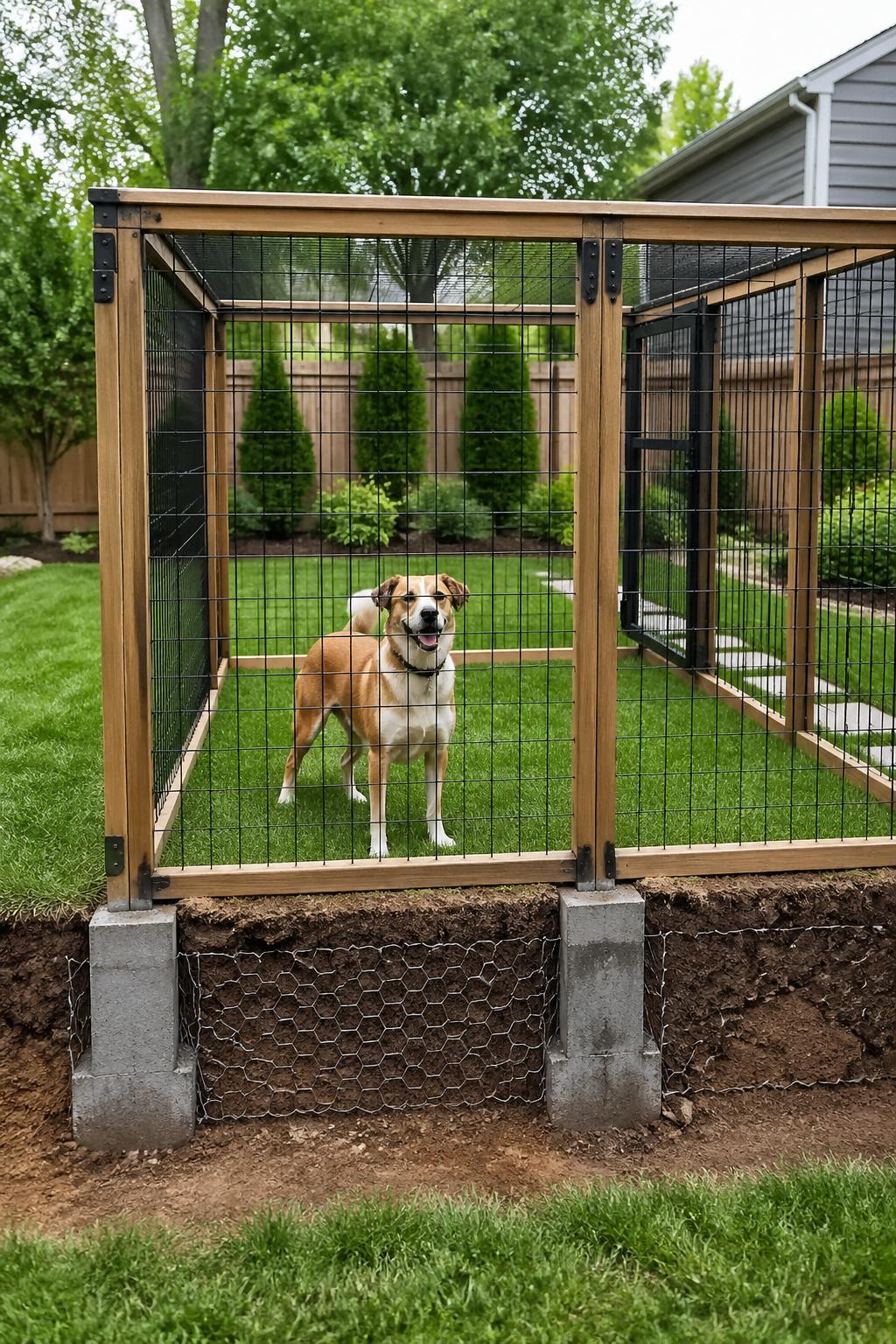 A secure backyard dog run with fencing, buried chicken wire, and concrete footers, containing a medium-sized dog on green grass.