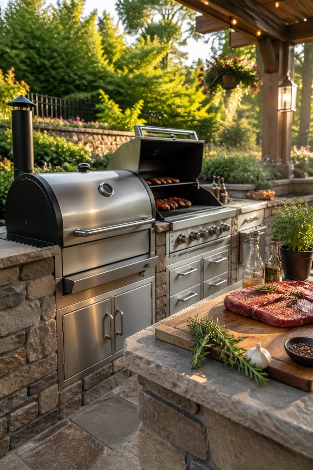 Backyard kitchen with a smoker and grill combo station and a dedicated area for preparing meat, surrounded by greenery.