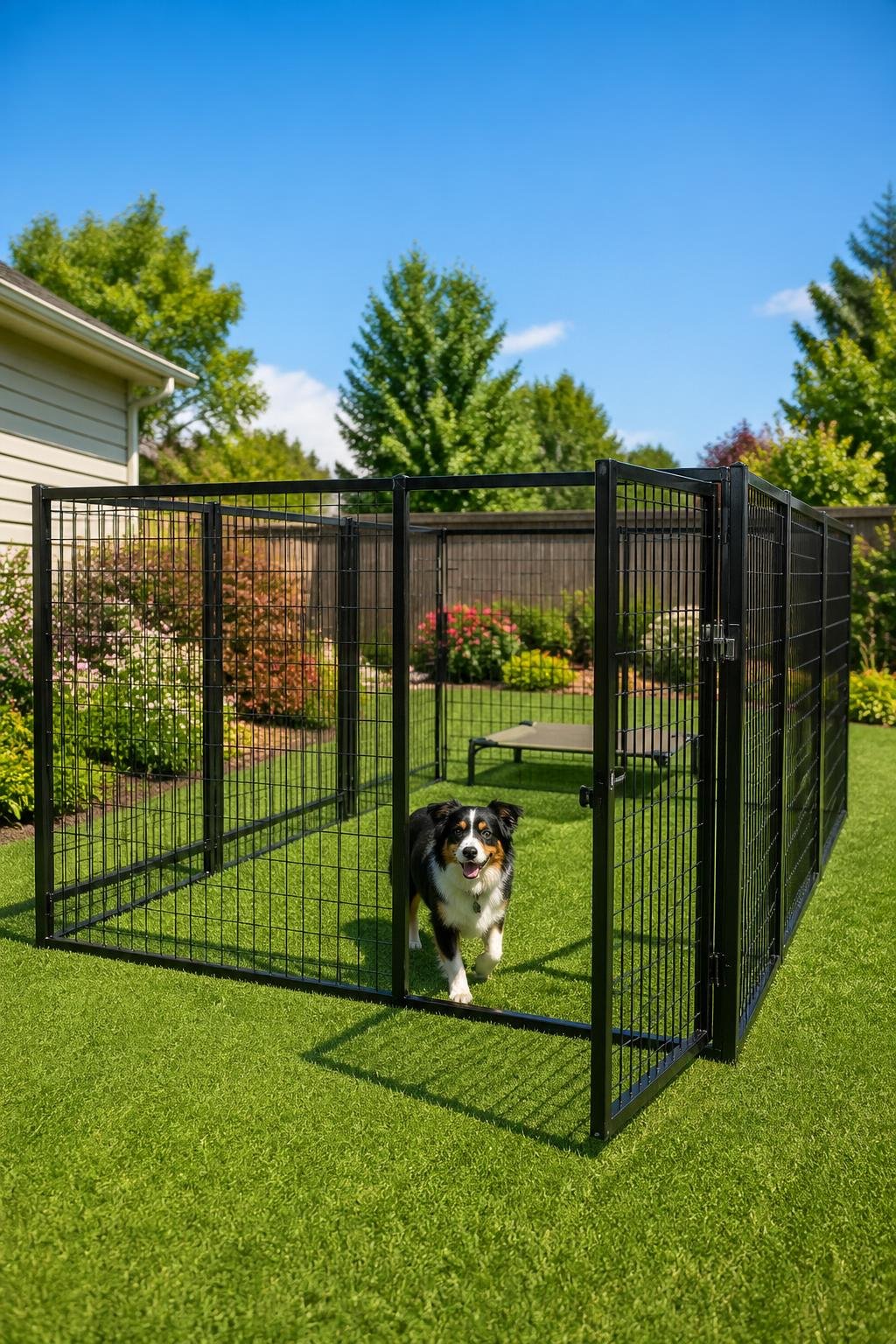 A backyard with a modular welded wire panel dog run featuring a swing gate and a dog inside on the grass.