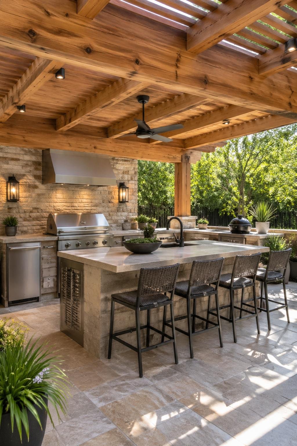 Backyard kitchen under a wooden pergola with exposed beams and a ceiling fan, featuring countertops and bar stools surrounded by plants.