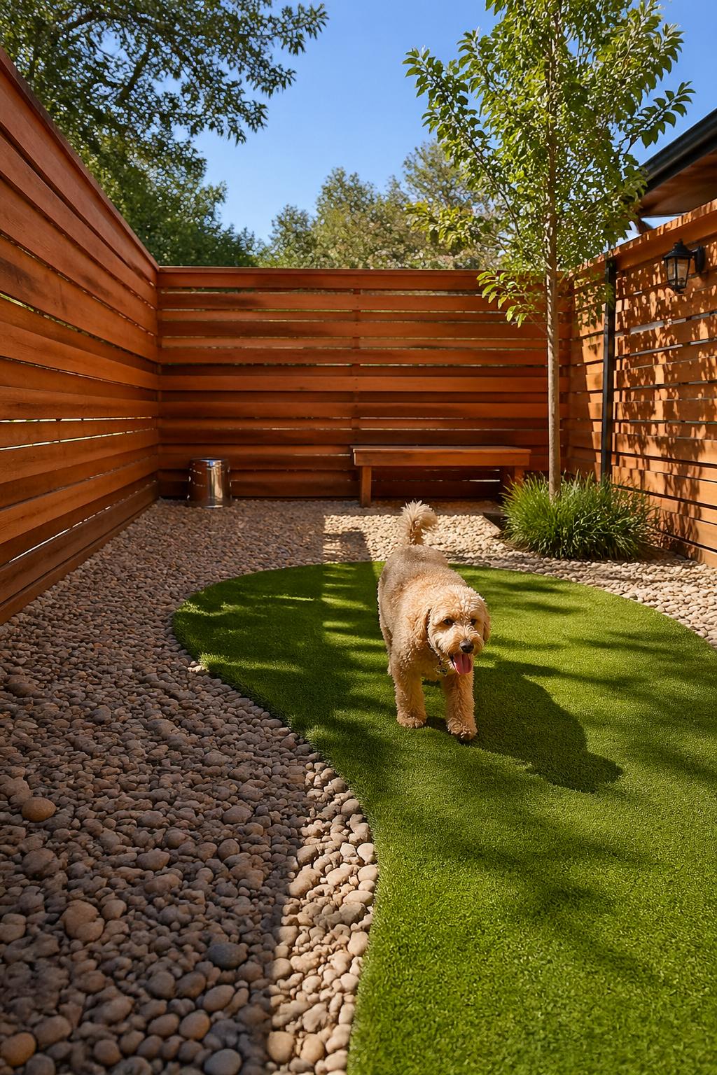 Backyard dog run enclosed by cedar wood slat fencing with smooth Mexican beach pebbles and green pet-friendly turf on the ground.