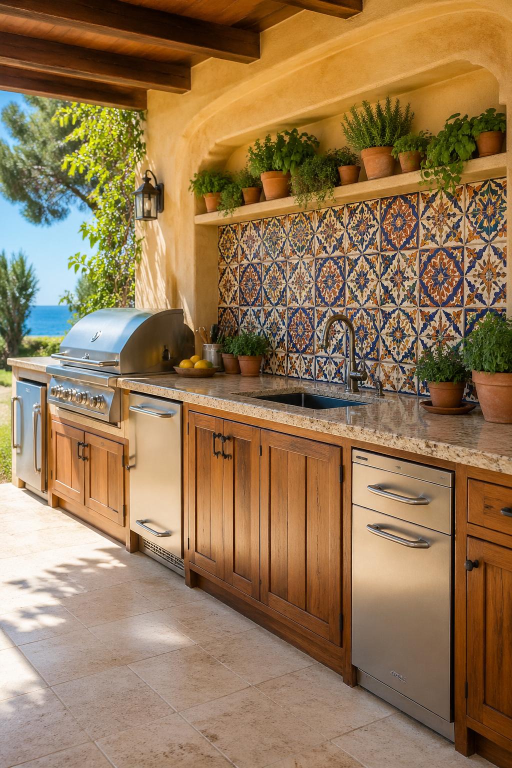 A backyard kitchen with stucco walls, a tile backsplash, herb planters, and outdoor cooking appliances.