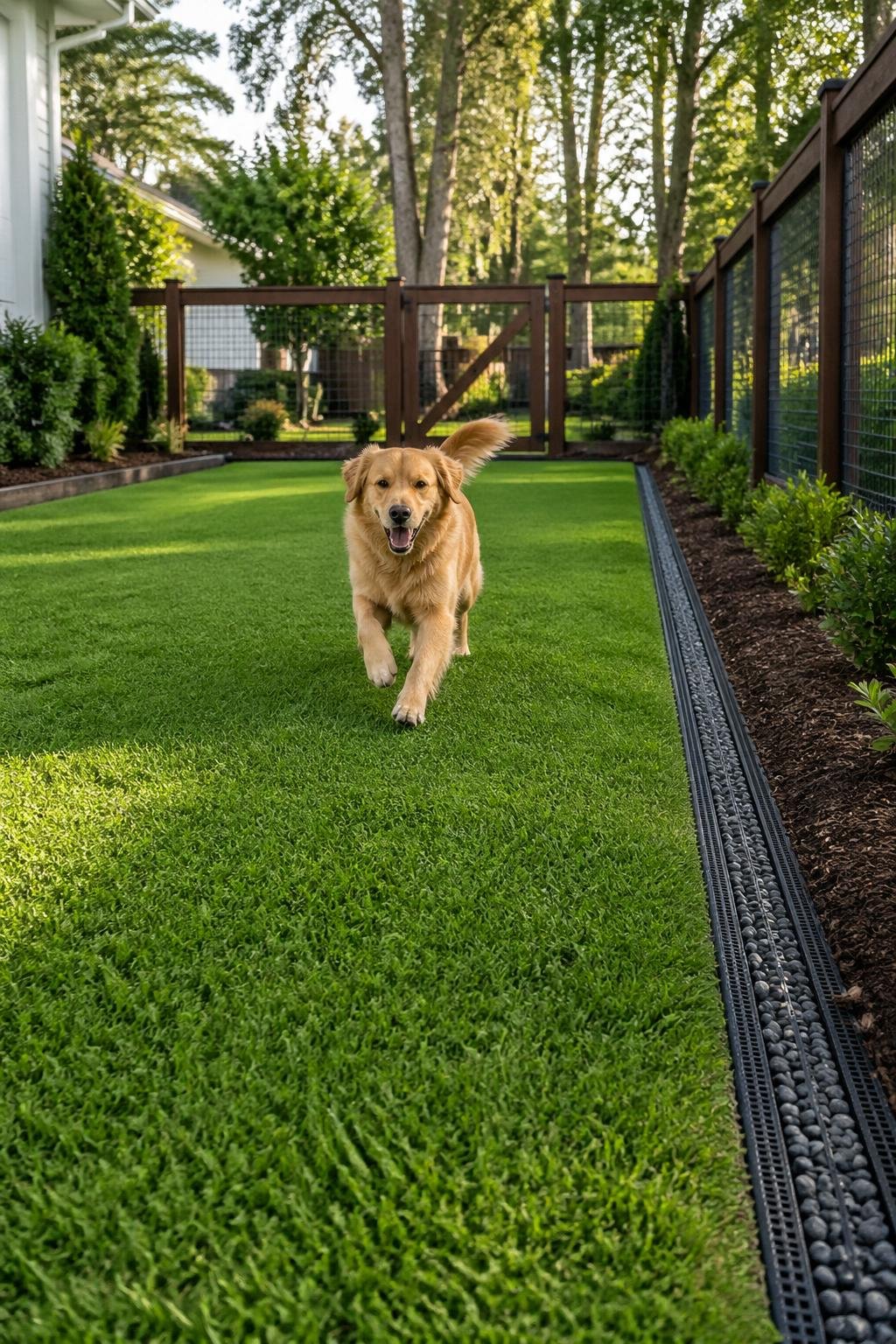 A backyard dog run with green Bermuda grass, enclosed by a fence, showing a drainage system along the side.
