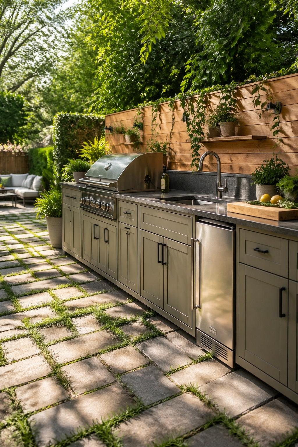 An outdoor backyard kitchen with eco-friendly cabinetry, built-in grill, sink, and permeable stone pavers surrounded by greenery.