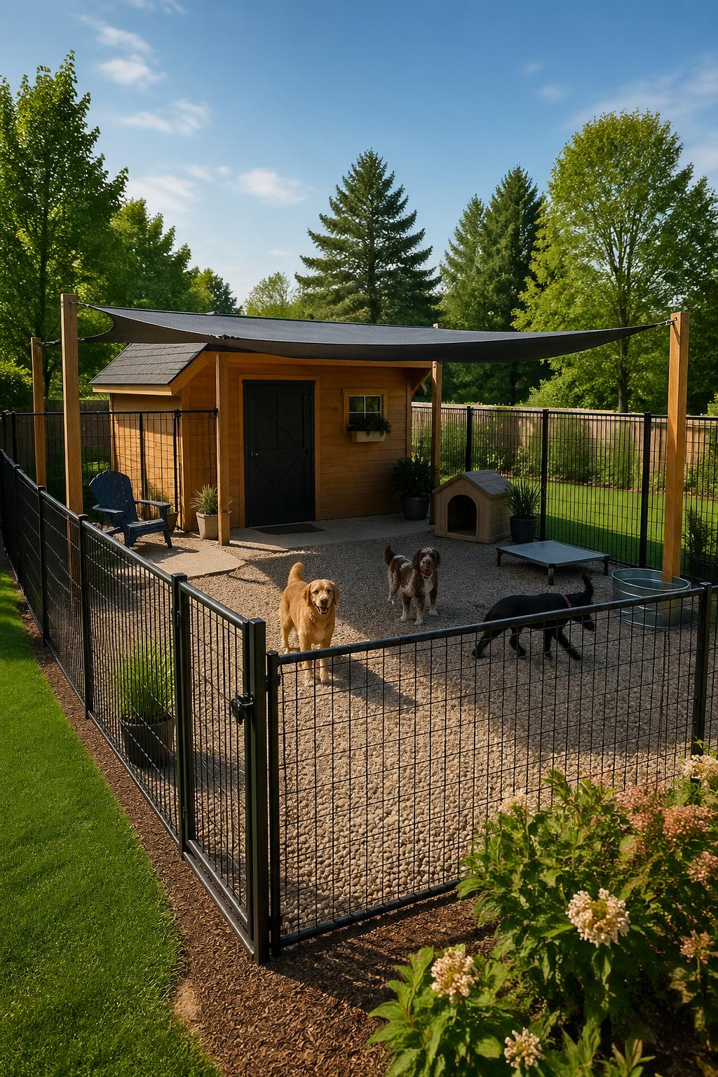 A backyard dog run built around a small wooden shed with a shade canopy and gravel base, enclosed by a fence.