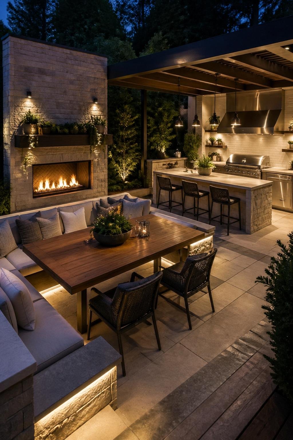 Outdoor kitchen with a fireplace, built-in bench seating, and a wooden dining table illuminated by warm ambient lighting.