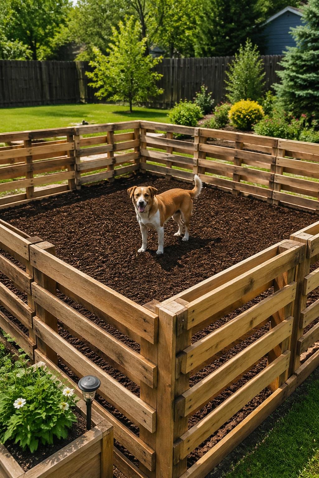 A backyard dog run enclosed by a pallet fence with weed barrier and mulch flooring inside.