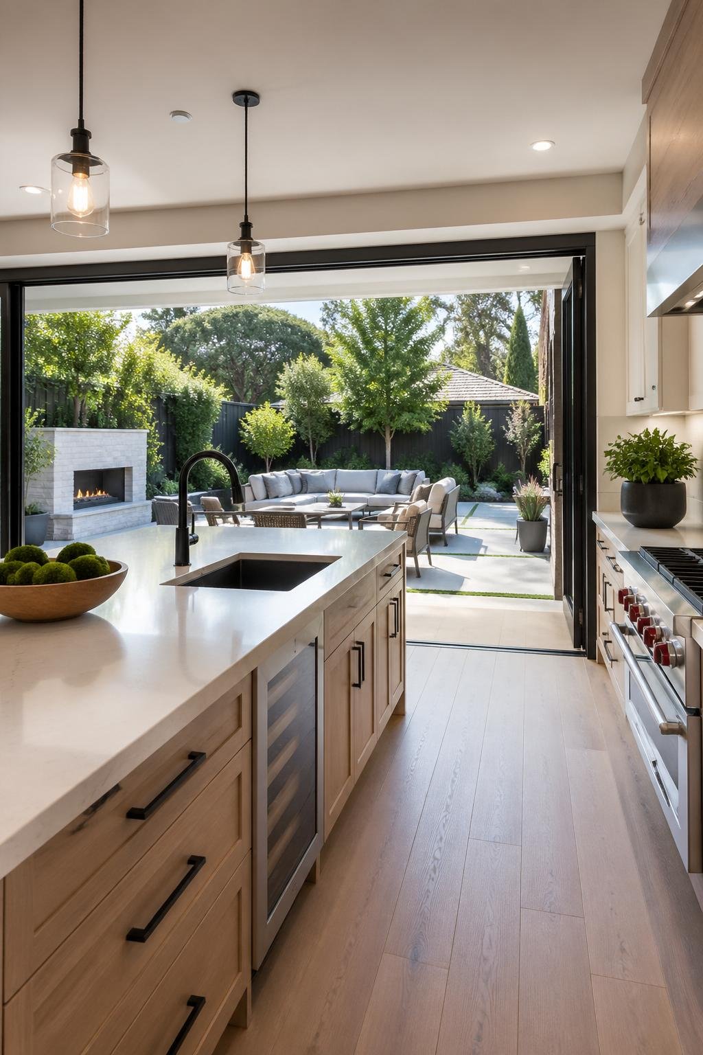 A modern kitchen with sliding glass doors opening to a backyard patio with seating and plants.