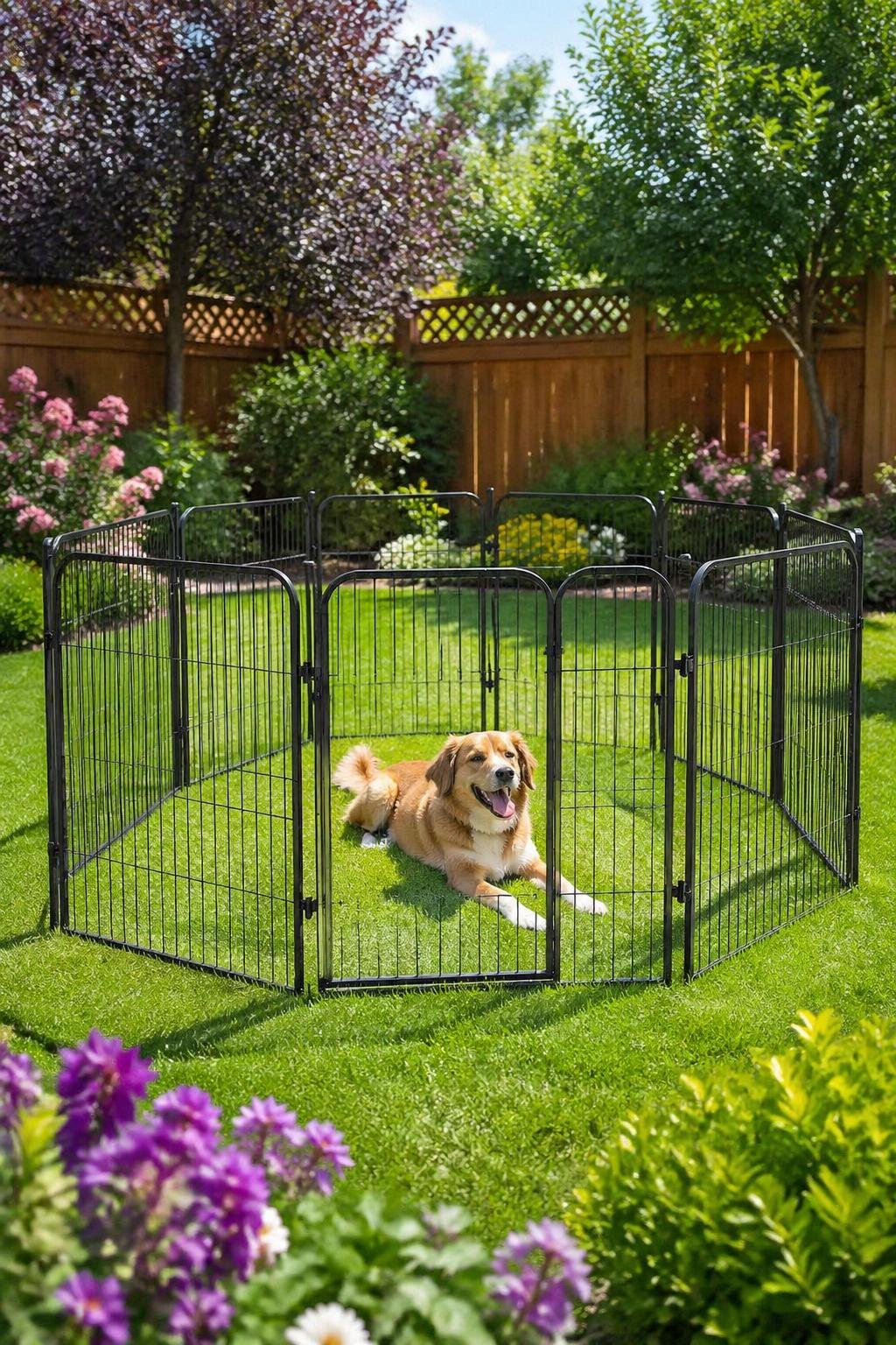 A medium-sized dog inside a portable metal exercise pen set up in a backyard with green grass, flowers, and a wooden fence.