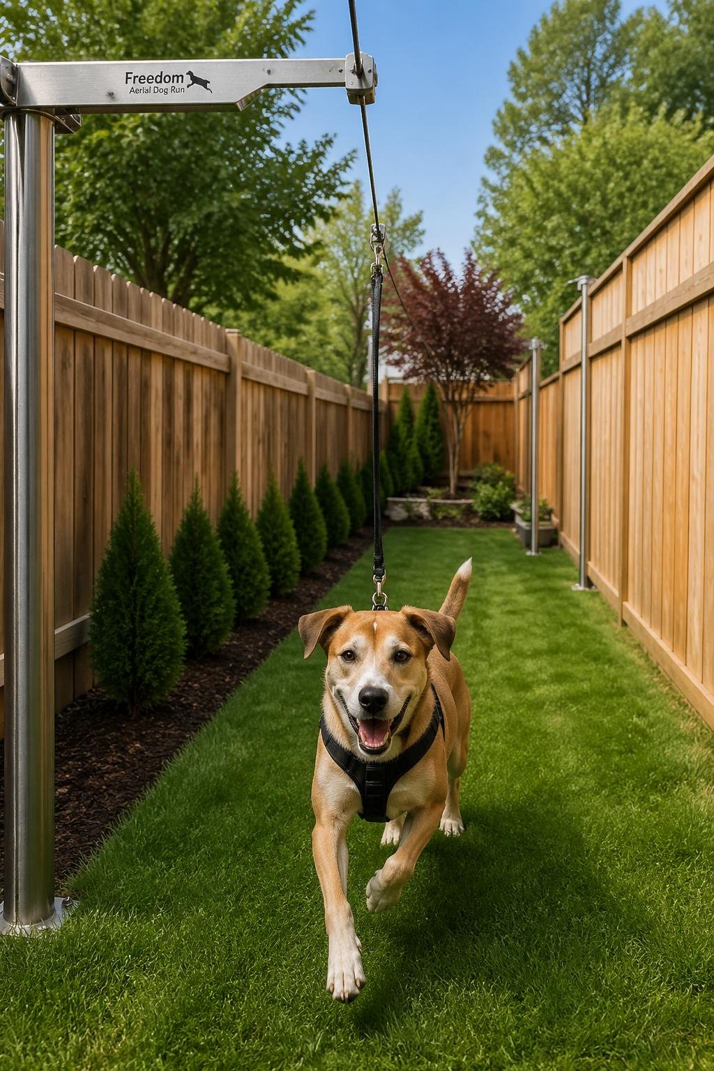 A dog running along a cable system in a long, narrow backyard with green grass and wooden fences on both sides.