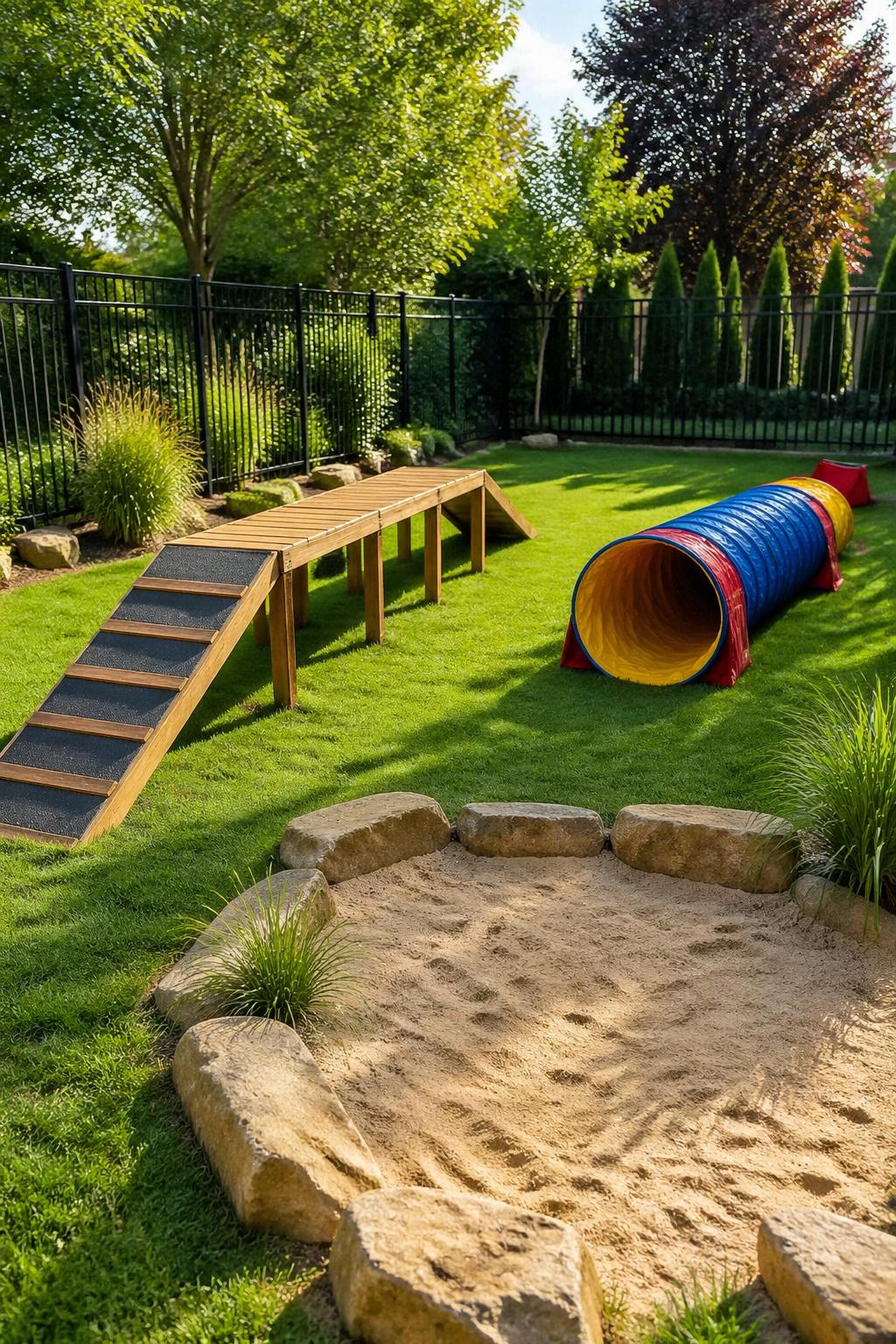 A backyard dog run with an agility bridge, tunnel, and sand dig pit surrounded by grass and a fence.