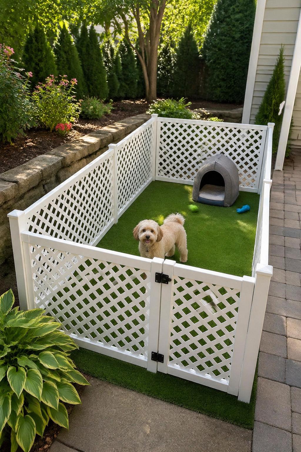 A small dog kennel run enclosed with white lattice panels and covered with green artificial grass in a backyard garden.