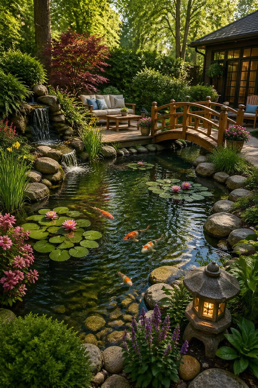 A backyard with a clear pond surrounded by plants, a wooden bridge, and outdoor seating under trees.