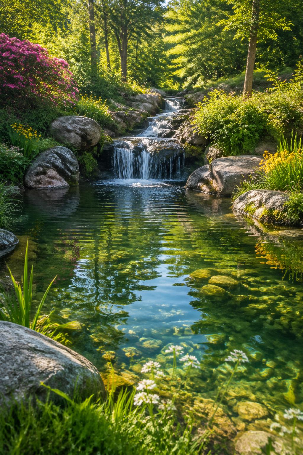 A natural pond with a small waterfall and stream surrounded by green plants and rocks in a peaceful outdoor setting.