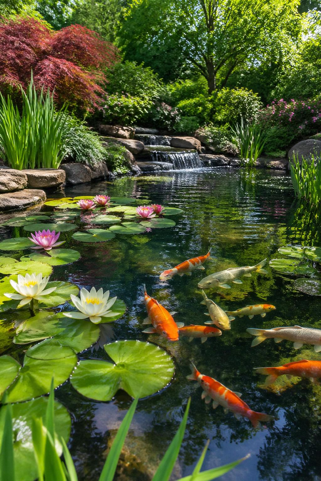 A backyard koi pond with clear water, colorful koi fish, and blooming water lilies surrounded by green plants.