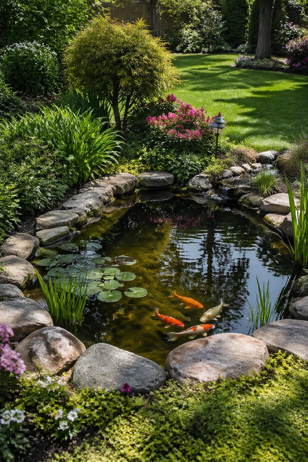A small garden pond with black rubber lining and natural rock edging surrounded by green plants and flowers in a backyard.