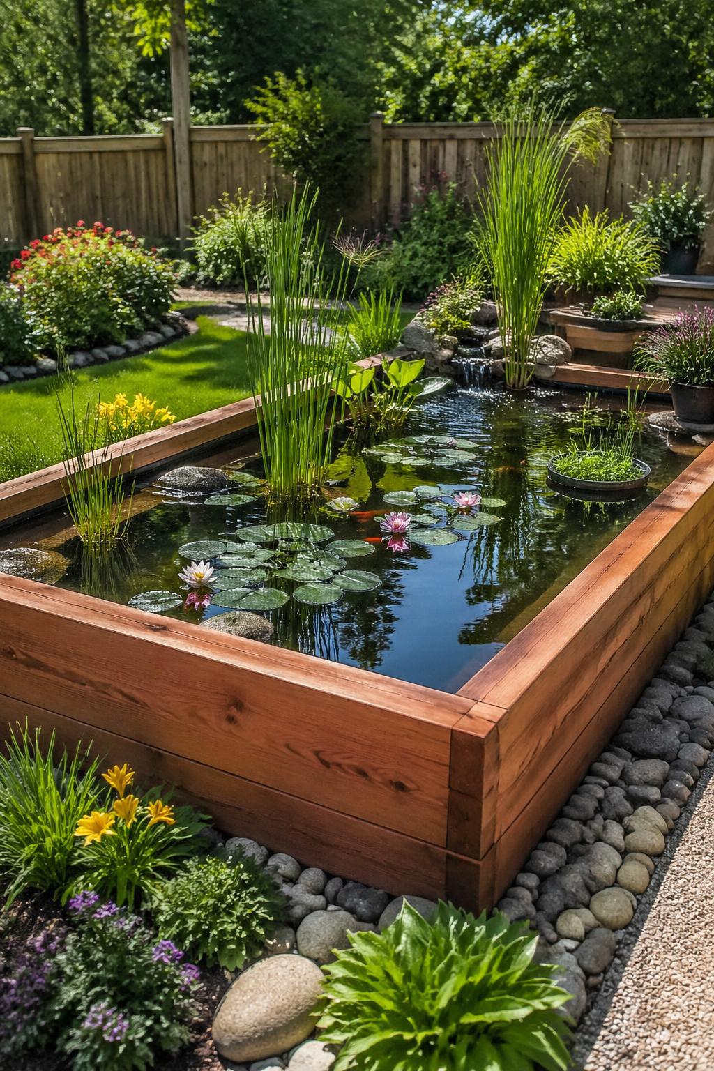 A raised cedar wood pond surrounded by plants and flowers in a backyard garden.