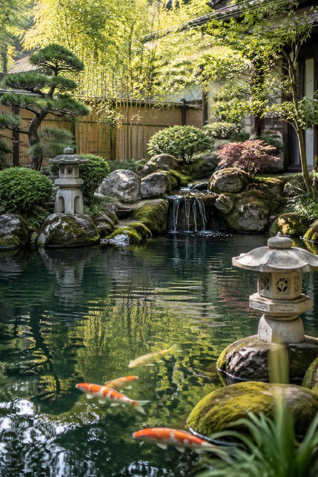 A peaceful backyard pond with stone lanterns, koi fish swimming, and surrounding greenery including bonsai trees and bamboo plants.