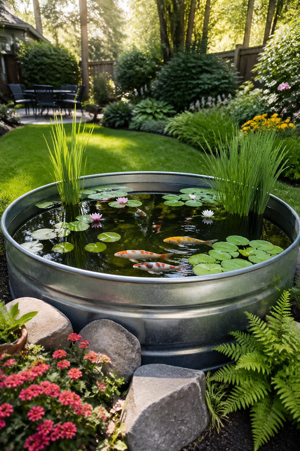 A backyard with a galvanized stock tank converted into a pond filled with water, aquatic plants, and koi fish, surrounded by grass and garden plants.