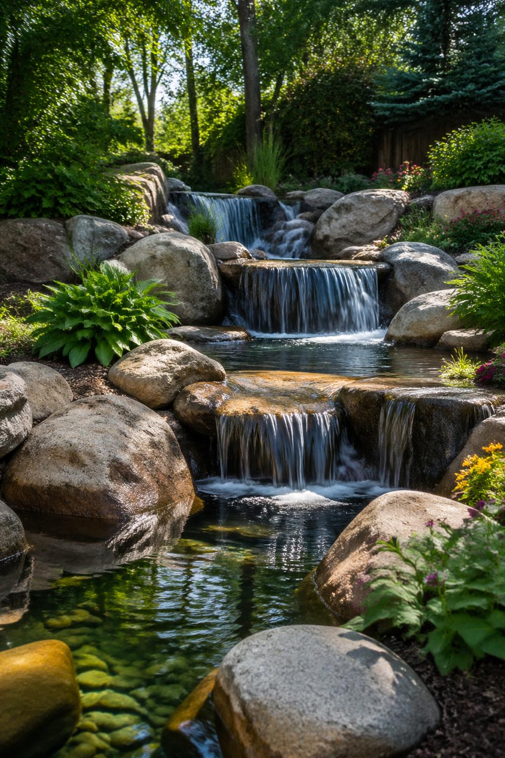 A backyard pond with a tiered waterfall flowing over natural boulders surrounded by plants and flowers.