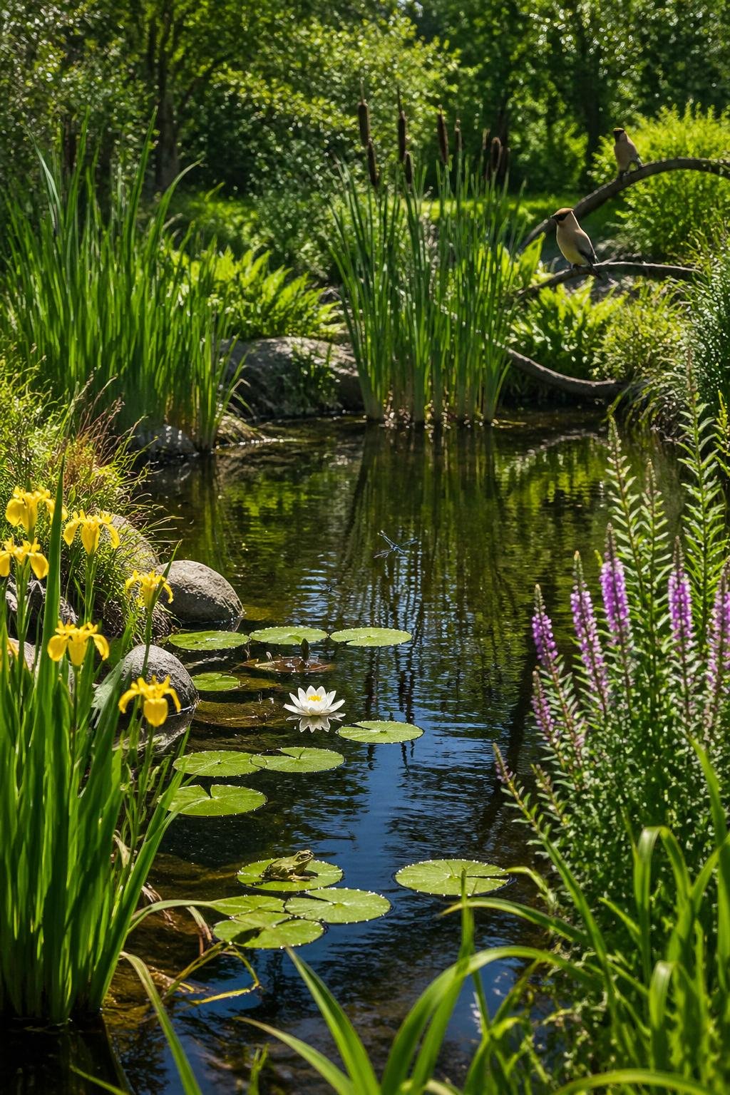 A backyard pond surrounded by native plants with clear water, reeds, and small wildlife like dragonflies and frogs.