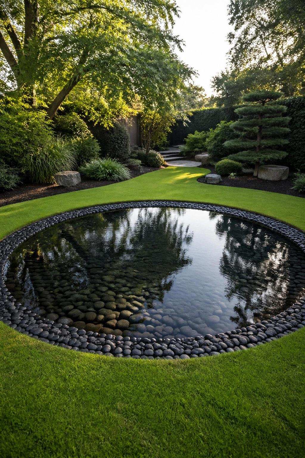 A round reflecting pond with black pebbles in a backyard surrounded by grass and plants.