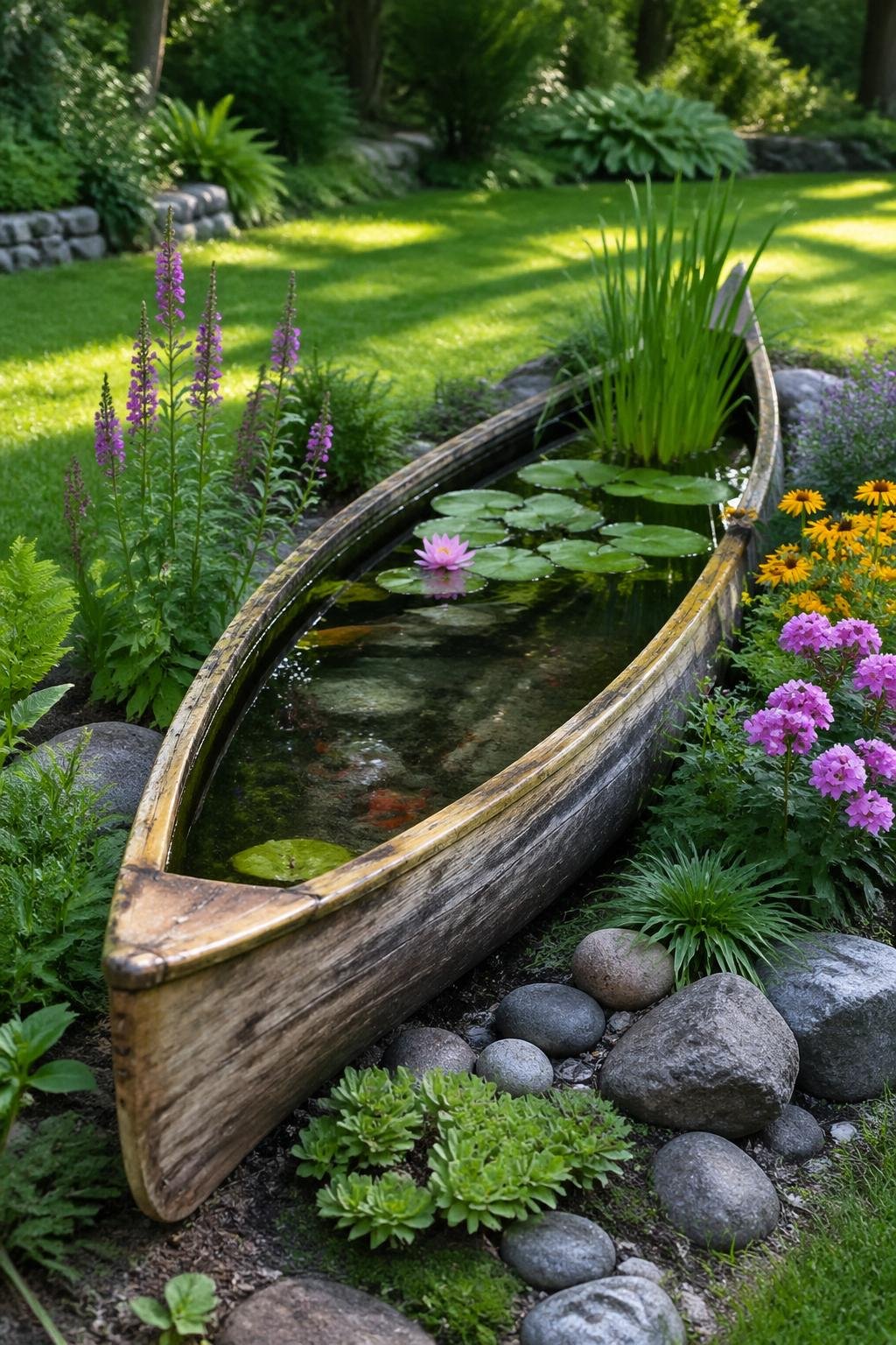 A backyard garden with a wooden canoe repurposed as a pond filled with water plants and fish, surrounded by grass, flowers, and trees.