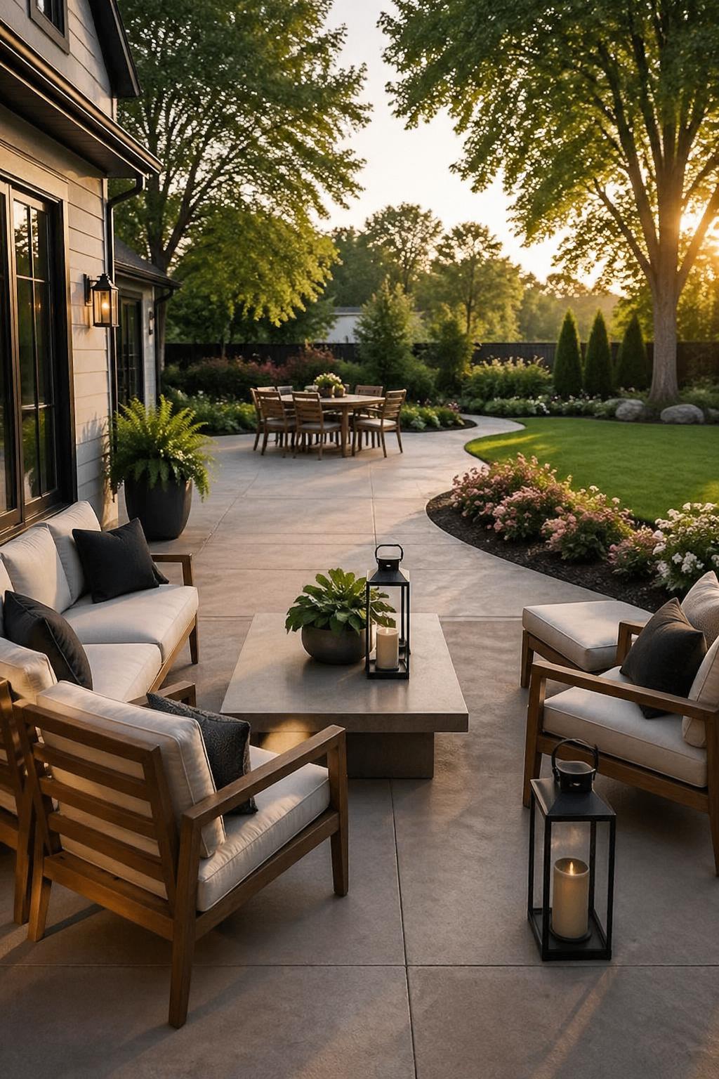 A backyard with a spacious cement patio, outdoor furniture, plants, and surrounding greenery under soft natural light.