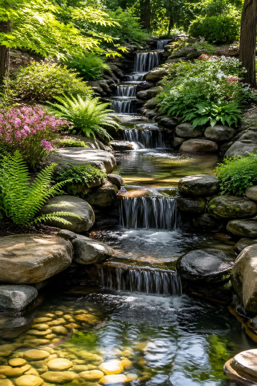 A backyard pond with multiple basins and cascading water surrounded by stones and green plants.