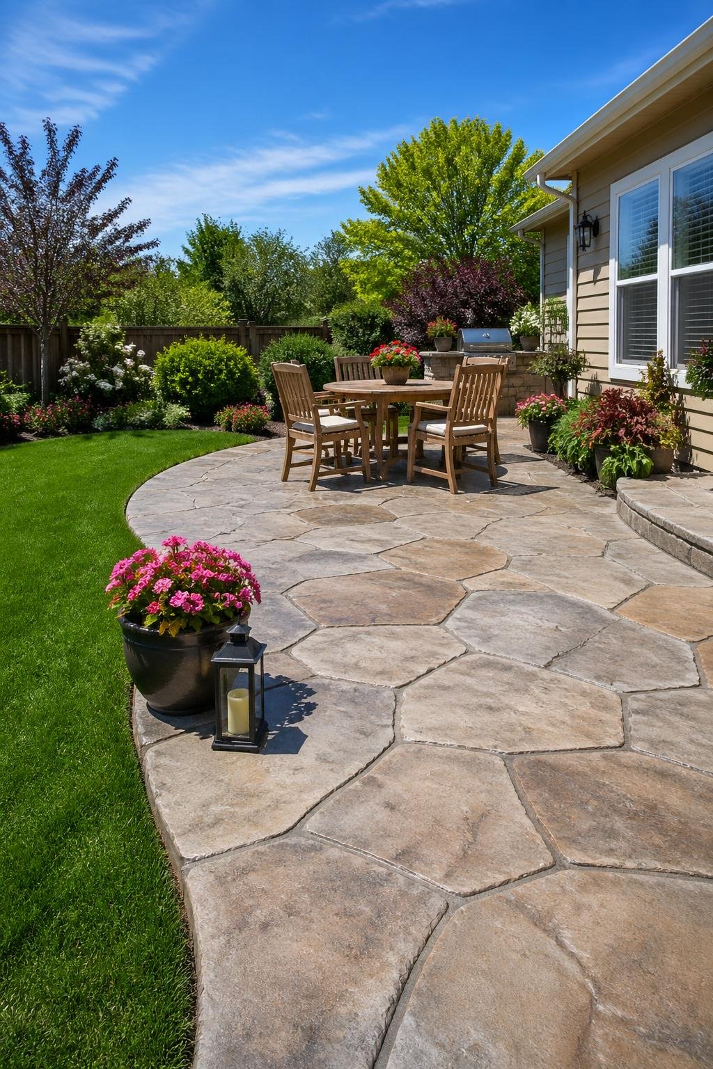 Backyard with a stone-patterned concrete patio surrounded by green grass, plants, and outdoor furniture under clear daylight.